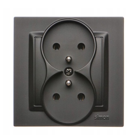 Simon 10 Gniazdo wtyczkowe z uziemieniem podwójne, monoblok, 16A, 250V, zaciski śrubowe kompletne, czarny mat CGZ2/49
